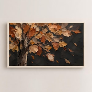 May include: A rectangular wall art piece featuring a thick impasto oil painting of a tree with autumn leaves in shades of brown, tan, and cream against a dark black background. The textured paint strokes create a three-dimensional effect.