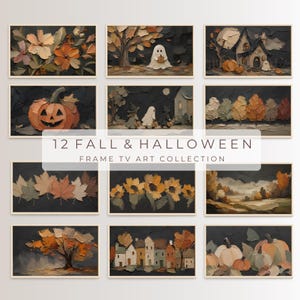 May include: A collection of 12 digital art prints for Frame TV featuring autumn and Halloween themes with textured paint effects. Images include pumpkins, ghosts, autumn leaves, sunflowers, a haunted house, and a small village in orange and brown.