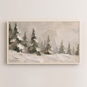 May include: A rectangular framed oil painting featuring a winter landscape with thick, textured impasto brushstrokes. The scene depicts a snowy forest with evergreen trees in shades of muted green, grey, and white, set against a pale sky.