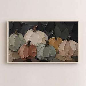 May include: An oil painting featuring a collection of pumpkins in muted tones of sage green, cream, terracotta, and beige. The artwork uses thick, textured impasto brushstrokes to define the shapes against a dark, abstract charcoal background.