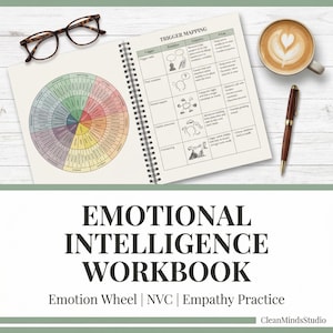 Puede incluir: Un cuaderno abierto con espiral titulado "Emotional Intelligence Workbook" con un diagrama de rueda de emociones y una tabla de mapeo de disparadores. Una taza de café con arte latte, un bolígrafo y gafas están sobre la superficie blanca.