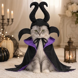May include: A long-haired cat wearing a black headpiece with two tall, curved horns and a black cape featuring a vibrant purple inner lining. The cape is secured at the neck with a black ribbon tie, creating a dramatic look for the feline pet.