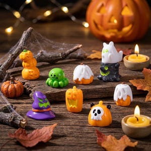 Könnte beinhalten: Eine Sammlung kleiner Halloween-Figuren, darunter orangefarbene Kürbisse, ein grüner Oktopus, ein violetter Hexenhut, ein weißes Gespenst auf einem dunklen Sockel und orangefarbene Kürbisse mit weißem Stoffüberzug, arrangiert mit zwei gelben Teelichtern.