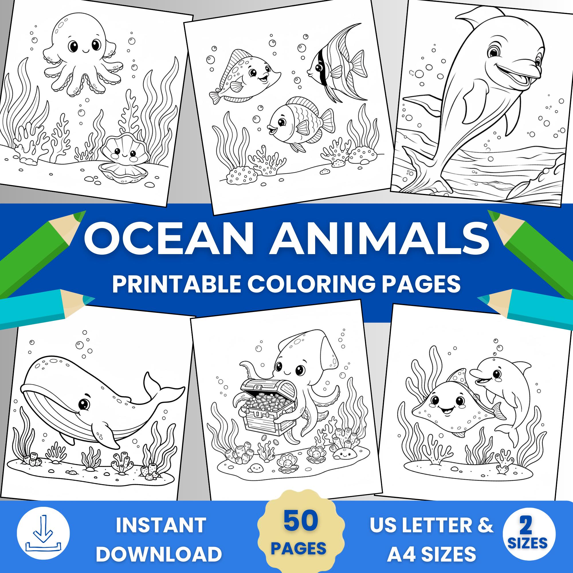 Ocean Animals Coloring Book, 50 Printable Pages (PDF Download - Etsy