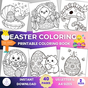 Kawaii Easter Coloring Book, Bold Line Art, Spring Animals, Eggs (Digital Download)