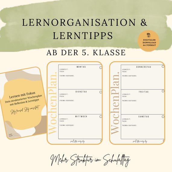 Wochenplan Lernen PDF | Lernplaner für Schüler & Studenten | Lernplan mit Reflexion | Study Planner Deutsch | Printable Lernorganisation