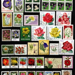 Op de afbeelding: Een verzameling van diverse postzegels met botanische illustraties van bloemen, waaronder rozen, madeliefjes en andere bloemsoorten. De postzegels tonen verschillende denominaties en teksten in meerdere talen, gerangschikt in een raster op een zwarte achtergrond.