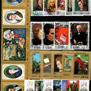 May include: A collection of postage stamps featuring portraits of composers and scenes from operas. The stamps showcase images of Wolfgang Mozart, Ludwig van Beethoven, and other classical music figures. The stamps are in various colors and sizes.
