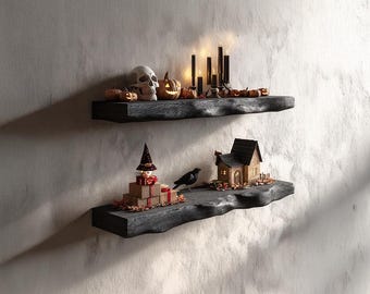 Mensola da parete rustica con bordo naturale in legno massello, mensole galleggianti in legno per soggiorno, decorazione per la casa, regalo di Halloween