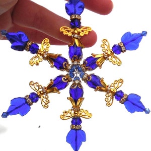 4.5 SNOWFLAKE Cobalt Blue Ornament Angel Dark Blue Czech Glass & Crystal with Gold Accents Christmas Decor Suncatcher Sun Catcher w/Hook image 1