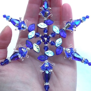 4.5 SNOWFLAKE Ornament Czech Glass Flower & Leaves COBALT Blue Crystal Silver Christmas Decoration Suncatcher Sun Catcher Hook image 1