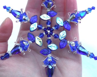 4.5" SNOWFLAKE Ornament Czech Glass Flower & Leaves COBALT Blue Crystal Silver Christmas Decoration Suncatcher Sun Catcher Hook