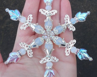 Glass Snowflake Ornament Beaded White Opal Luminescent Silver ANGEL Christmas Crystal AB Suncatcher Light Window Decor SIGNED Donna Lea 4.5"