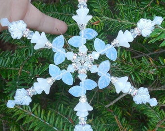 SNOWFLAKE Ornament Crystal AB Glass Suncatcher White Opal Czech Preciosa Silver Christmas Decor Sun Light Catcher For Her SIGNED Donna Lea