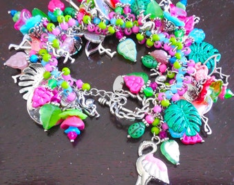 Flamingo Chunky Charm Bracelet SILVER/GOLD Tropical Aqua/Green/Pink Hand-Painted By ME Lady Gift Her Birthday Mom Sister Signed: "Donna Lea"