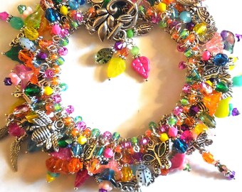 Dragonfly Chunky Charm Cha Bracelet Rainbow Butterflies,Bumble Bee,Lady Bugs,Birds,Czech Glass Flowers,Leaves Gifts for Her SIGNED Donna Lea