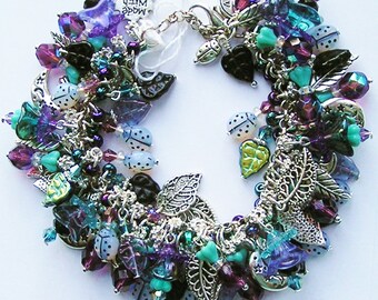 Ladybug Charm Bracelet Purple/Blue/Black Moons/Leaves/Flowers Chunky Cha Cha Gifts for Her Boho Anniversary Valentine's Day SIGNED Donna Lea