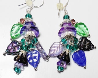 Czech Glass Flower Earrings Purple SILVER Crystal Chandeliers Leaf Beads Flowers Green Jewelry BOHO Gifts for Her Mothers Day Anniversary