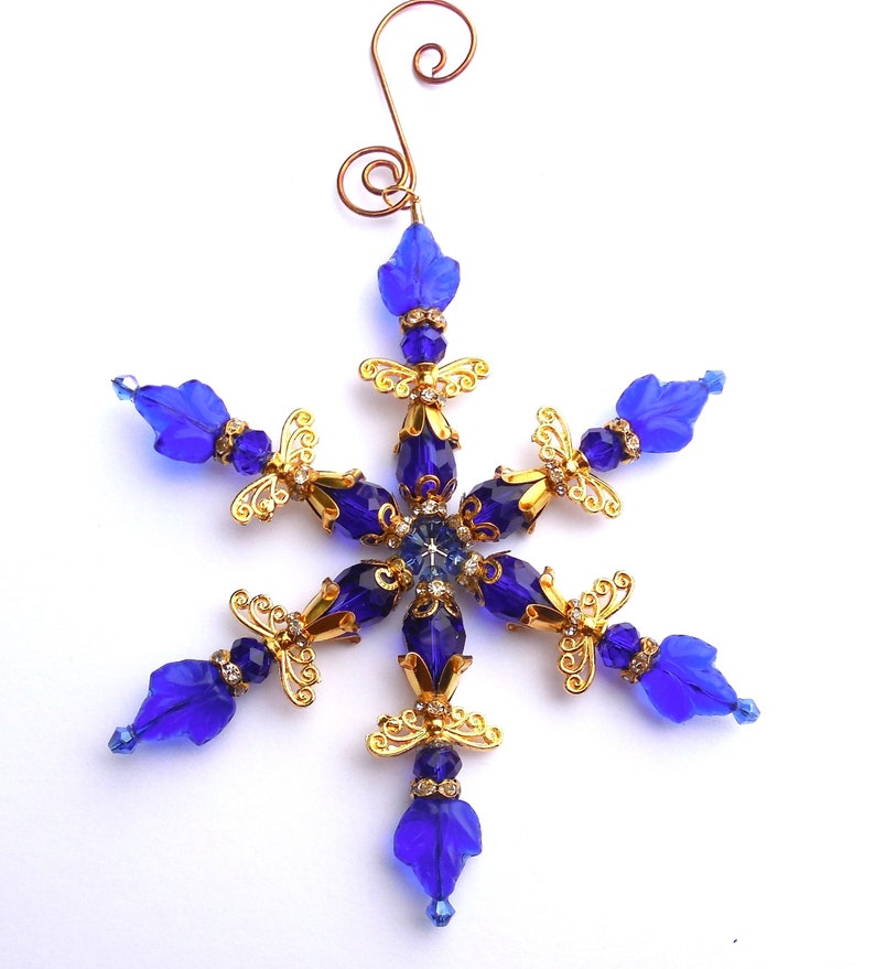 4.5 SNOWFLAKE Cobalt Blue Ornament Angel Dark Blue Czech Glass & Crystal with Gold Accents Christmas Decor Suncatcher Sun Catcher w/Hook image 3