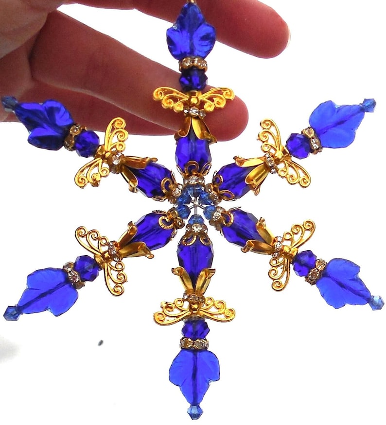 4.5 SNOWFLAKE Cobalt Blue Ornament Angel Dark Blue Czech Glass & Crystal with Gold Accents Christmas Decor Suncatcher Sun Catcher w/Hook image 1