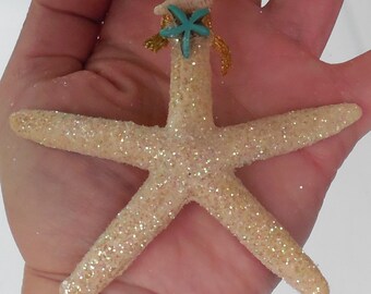 Starfish Ornaments (3pcs) Iridescent AB Glitter,Natural Seashells,Blue Star Fish CHRISTMAS Tree Decor Window Beach Ocean Sea Shell Nautical