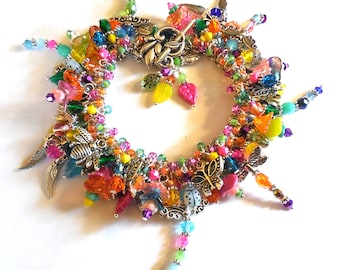 Dragonfly Chunky Charm Cha Bracelet Rainbow Butterflies,Bumble Bee,Lady Bugs,Birds,Czech Glass Flowers,Leaves Gifts for Her SIGNED Donna Lea