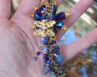 Dragonfly Ornament Blue Flower Suncatcher COBALT CZECH Glass and Crystal Gold Christmas Sun Light Catcher Window Decor SIGNED Donna Lea