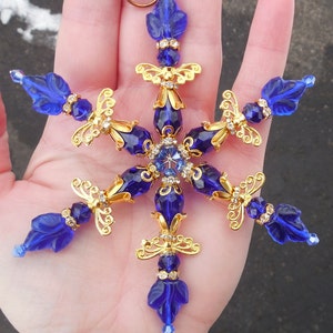 4.5 SNOWFLAKE Cobalt Blue Ornament Angel Dark Blue Czech Glass & Crystal with Gold Accents Christmas Decor Suncatcher Sun Catcher w/Hook image 5