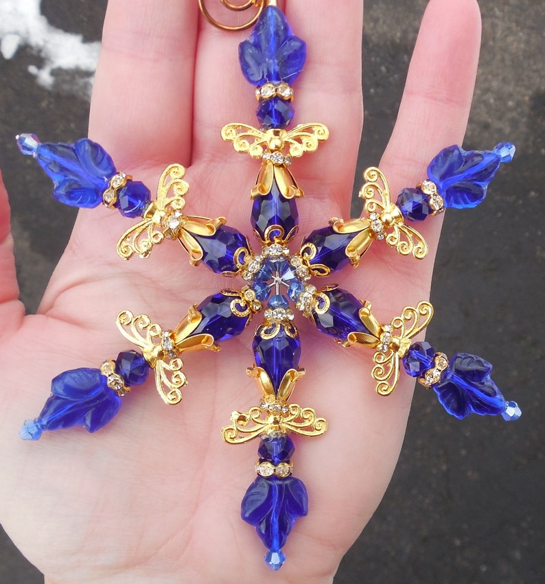 4.5 SNOWFLAKE Cobalt Blue Ornament Angel Dark Blue Czech Glass & Crystal with Gold Accents Christmas Decor Suncatcher Sun Catcher w/Hook image 5
