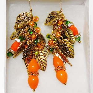 Gold Leaf Dangle Earrings: Orange Czech Glass Boho Chandelier