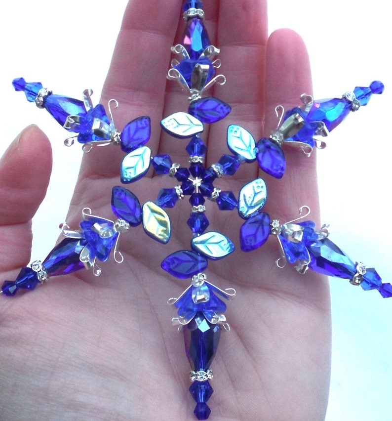 4.5 SNOWFLAKE Ornament Czech Glass Flower & Leaves COBALT Blue Crystal Silver Christmas Decoration Suncatcher Sun Catcher Hook image 1