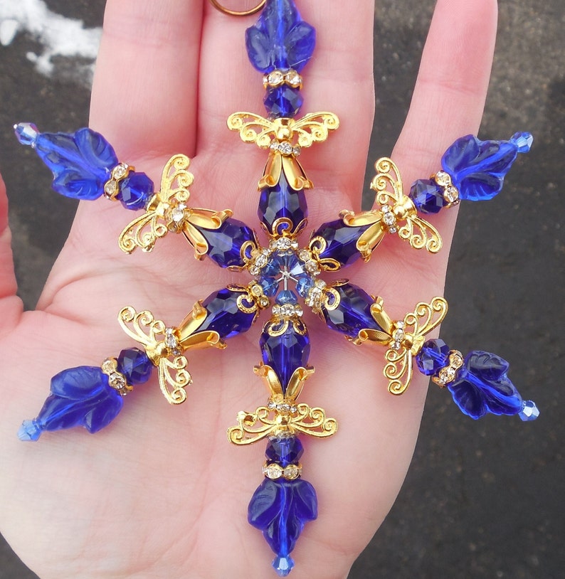 4.5 SNOWFLAKE Cobalt Blue Ornament Angel Dark Blue Czech Glass & Crystal with Gold Accents Christmas Decor Suncatcher Sun Catcher w/Hook image 2