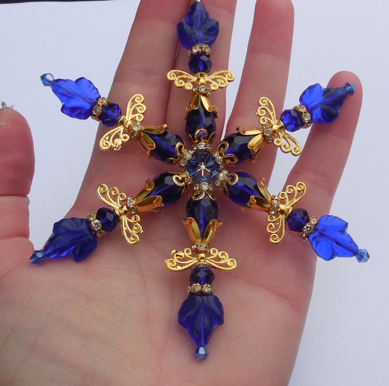 4.5 SNOWFLAKE Cobalt Blue Ornament Angel Dark Blue Czech Glass & Crystal with Gold Accents Christmas Decor Suncatcher Sun Catcher w/Hook image 7