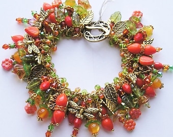 Dragonfly Chunky Charm Bracelet Orange & Green Czech Glass Flowers and Leaves with Gold Leaf Charms "CITRUS ORANGE GARDEN" Made To Order