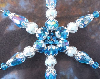 Glass SNOWFLAKE Ornament Iridescent Blue Aqua Crystal Silver Christmas Window House Decor Sun Catcher Gifts for Her Mom Ladies Sister Home