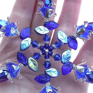 4.5 SNOWFLAKE Ornament Czech Glass Flower & Leaves COBALT Blue Crystal Silver Christmas Decoration Suncatcher Sun Catcher Hook image 4