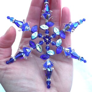 4.5 SNOWFLAKE Ornament Czech Glass Flower & Leaves COBALT Blue Crystal Silver Christmas Decoration Suncatcher Sun Catcher Hook image 2