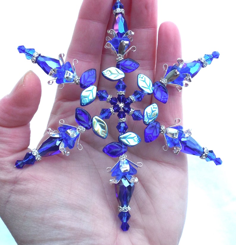 4.5 SNOWFLAKE Ornament Czech Glass Flower & Leaves COBALT Blue Crystal Silver Christmas Decoration Suncatcher Sun Catcher Hook image 2