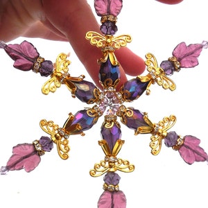 Snowflake Ornament Purple Czech Glass & AB Crystal Suncatcher Bead Gold ANGEL Christmas Sun Light Catcher Window Decor SIGNED Donna Lea 4.5 image 2