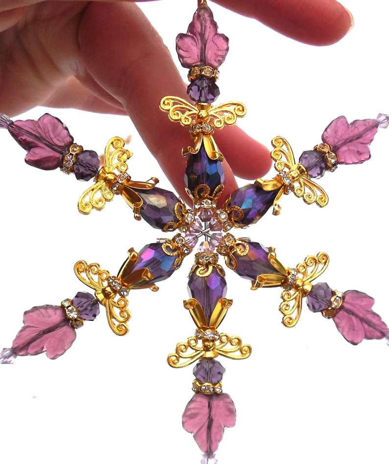 Snowflake Ornament Purple Czech Glass & AB Crystal Suncatcher Bead Gold ANGEL Christmas Sun Light Catcher Window Decor SIGNED Donna Lea 4.5 image 2