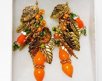 Gold, Orange Crystal Earrings LEAVES Cluster w/ Green Crystal 14kt GOLD-FILLED French Hook Ear Wires. Czech Glass Cluster Dangle Earrings