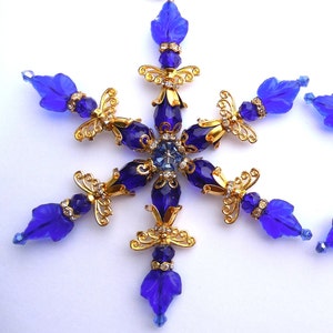 4.5 SNOWFLAKE Cobalt Blue Ornament Angel Dark Blue Czech Glass & Crystal with Gold Accents Christmas Decor Suncatcher Sun Catcher w/Hook image 6