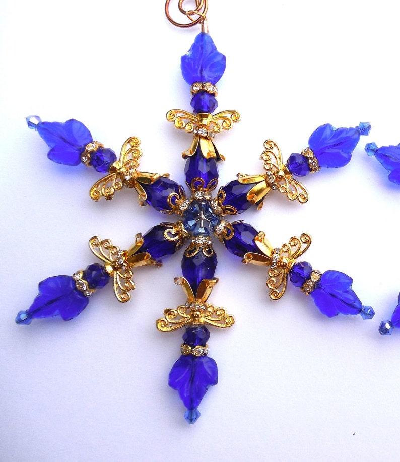 4.5 SNOWFLAKE Cobalt Blue Ornament Angel Dark Blue Czech Glass & Crystal with Gold Accents Christmas Decor Suncatcher Sun Catcher w/Hook image 6