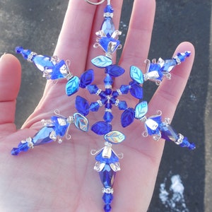 4.5 SNOWFLAKE Ornament Czech Glass Flower & Leaves COBALT Blue Crystal Silver Christmas Decoration Suncatcher Sun Catcher Hook image 3