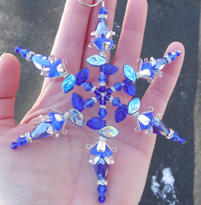 4.5 SNOWFLAKE Ornament Czech Glass Flower & Leaves COBALT Blue Crystal Silver Christmas Decoration Suncatcher Sun Catcher Hook image 3