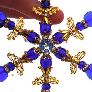 4.5 SNOWFLAKE Cobalt Blue Ornament Angel Dark Blue Czech Glass & Crystal with Gold Accents Christmas Decor Suncatcher Sun Catcher w/Hook image 4