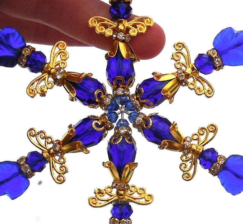 4.5 SNOWFLAKE Cobalt Blue Ornament Angel Dark Blue Czech Glass & Crystal with Gold Accents Christmas Decor Suncatcher Sun Catcher w/Hook image 4