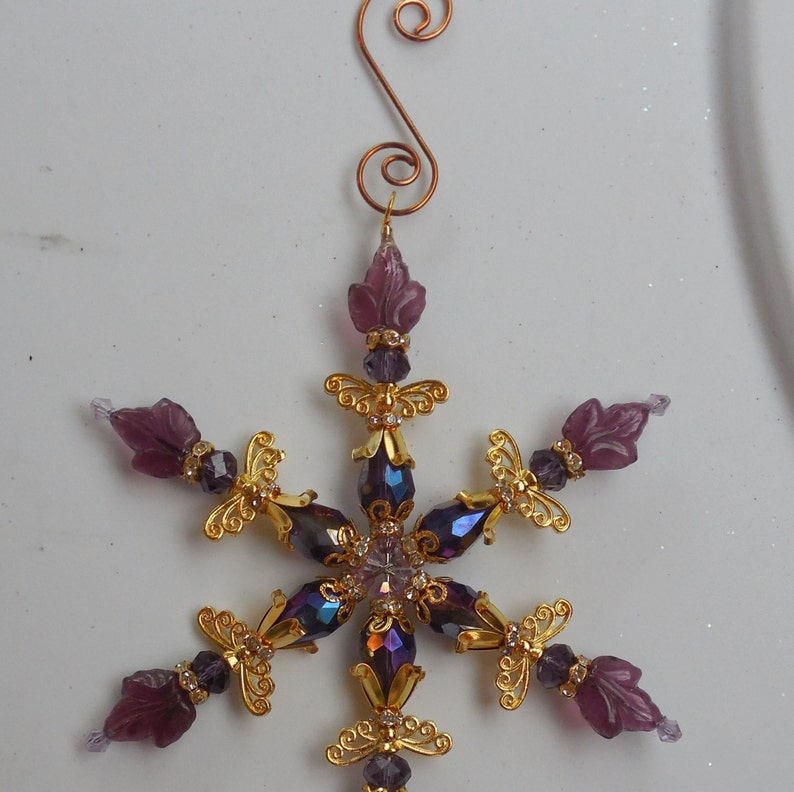 Snowflake Ornament Purple Czech Glass & AB Crystal Suncatcher Bead Gold ANGEL Christmas Sun Light Catcher Window Decor SIGNED Donna Lea 4.5 image 6