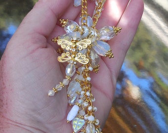 Dragonfly Ornament Glass Crystal Suncatcher OPAL CZECH Beaded Flower Gold White Christmas Sun Light Catcher Window Decor Signed Donna Lea