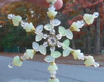 4.5" SNOWFLAKE Ornament IRIDESCENT Yellow Jonquil Opal Czech Glass AB Crystal Gold Christmas Decoration Suncatcher Sun Catcher w/ Hook